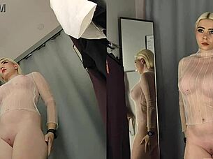 upskirt peek at naked blonde with big tits trying on transparent clothes in fitting room by mycandyalice 😏