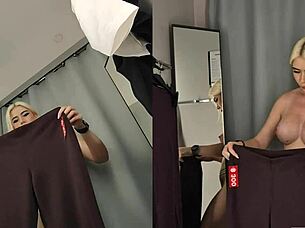 upskirt peek at naked blonde with big tits trying on transparent clothes in fitting room by mycandyalice 😏