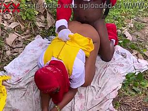 african santa fucks his friend's stepdaughter in the bush, her hairy pussy taking his monster cock