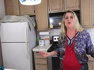 milking stepson in the kitchen with her lactating tits before his date