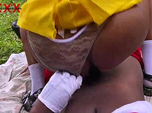 african santa fucks his friend's stepdaughter in the bush, her hairy pussy taking his monster cock