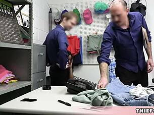 I caught cute brunette teen Dania on her first day as rookie mall cop, leading to group blowjob and doggystyle