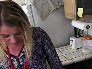 milking stepson in the kitchen with her lactating tits before his date