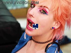 Nurse Greene endures a spitroast by patients, climaxing in cum coverage