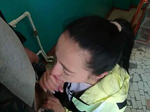 Risky blowjob on a public staircase, girlfriend swallows big cock