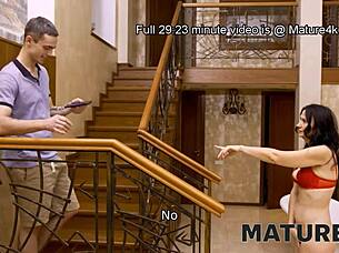 mature woman in red bra gets bonked by horny stepson