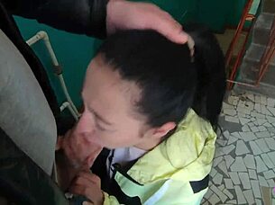 Risky blowjob on a public staircase, girlfriend swallows big cock