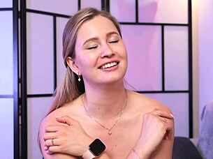 cute blonde babe uses nipple vibrator on her wet pussy