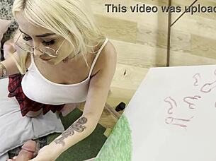 Petite college girl gives a tight handjob to a stud