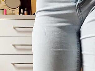 Homemade Petite Blonde STRIPTEASE Dancing In Tight Jeans