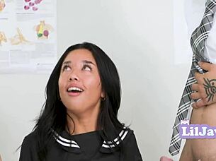 Tiny Asian Tutor Feels Desire In Classroom Group Stretching