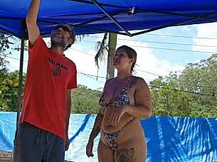 married woman in tight body at pool