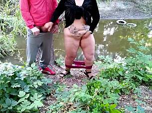 Horny Step Mother Masturbates Wet Pussy and Milks Step Son Outdoors