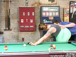 Feeling the passion as the german curvy big tits slut fucks on the billiard table