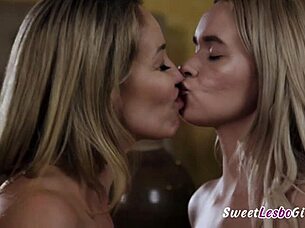 Blondie teen gets her booty spanked by busty milf and loves it