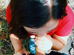 Risky passionate moment in nature outdoors with a couple