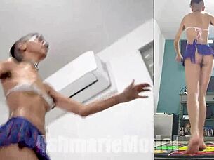 Dance dance revolution with braless upskirt and no panties