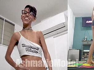 Dance dance revolution with braless upskirt and no panties