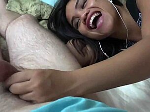 Feeling intense pleasure from handjob in bedroom with big cock