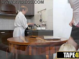 Stepsis sucks stepbro's small dick under the table as mom preaches