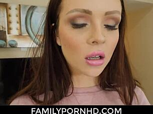 Young teen with small tits eagerly blows stepdad's monster cock for cash, leading to cumshot