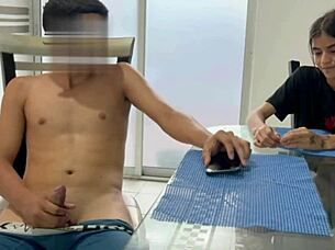 I catch my stepbrother jerking his cock and offer to help with my big tits.