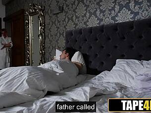 Stepsis sucks stepbro's small dick under the table as mom preaches