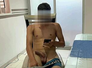 I catch my stepbrother jerking his cock and offer to help with my big tits.