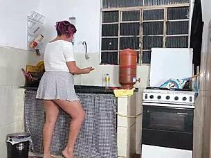 my wife's friend washing dishes in skirt