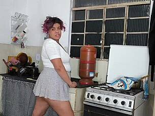 my wife's friend washing dishes in skirt
