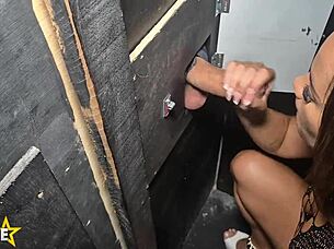 Latina wife sucks strangers at gloryhole for cuckold husband. She craves every drop in lingerie.