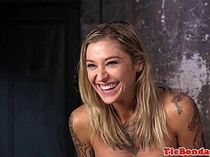 inked bdsm sub restrained for pussyrubbing!