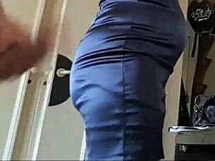 french slut in blue satin dress performs blowjob, doggystyle fucking, and rimming in stockings and heels