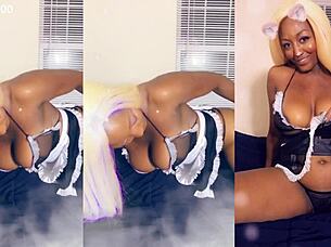 ebony maid cleans house in thong, flashing big tits and pierced nipples for jerk off instructions