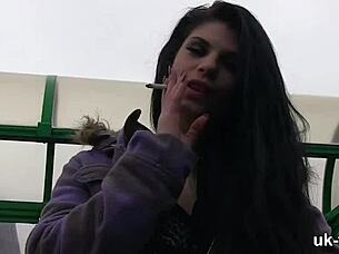 Lucia fingers her big tits in public outdoor challenge.