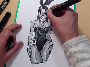 A guy quickly drew a hot girl in latex with markers