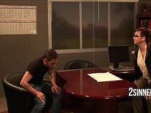 Stud student convinces teacher and wandering professor's wife into a hardcore threesome in the classroom!