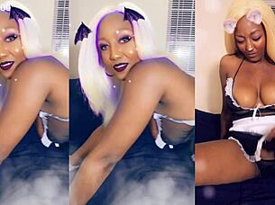 ebony maid cleans house in thong, flashing big tits and pierced nipples for jerk off instructions