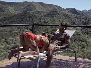 my wife surprised me with hot red lingerie outdoors for the first time