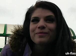 Lucia fingers her big tits in public outdoor challenge.