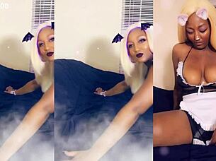 ebony maid cleans house in thong, flashing big tits and pierced nipples for jerk off instructions