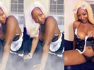 ebony maid cleans house in thong, flashing big tits and pierced nipples for jerk off instructions