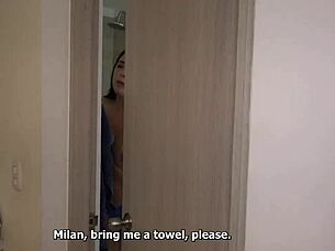 Big ass stepmom stuck in washing machine, stepson helps after fucking her