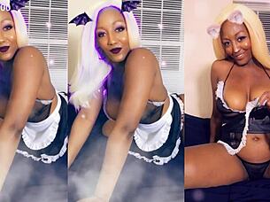 ebony maid cleans house in thong, flashing big tits and pierced nipples for jerk off instructions