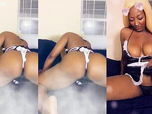 ebony maid cleans house in thong, flashing big tits and pierced nipples for jerk off instructions