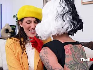 Milf lesbians Charlie and Aubree persuade with strapon sex for donations