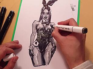 A guy quickly drew a hot girl in latex with markers