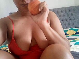 my stepdaughter touches her tight pussy while eating forbidden apple 😈