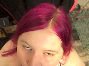 Chubby transsexual sucks big black cock for facial.