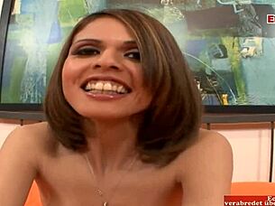 A busty brunette receives a cumshot on her feet in a naughty scene.